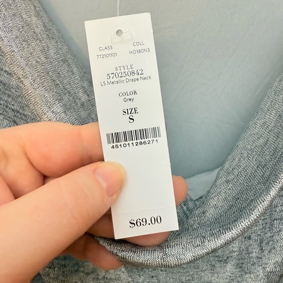 White House Black Market Metallic Gray Drape Neck Top - Picture 2 of 3